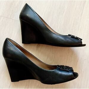 Tory Burch Lowell Black Leather Peep Toe Wedge Pumps Size 9.5